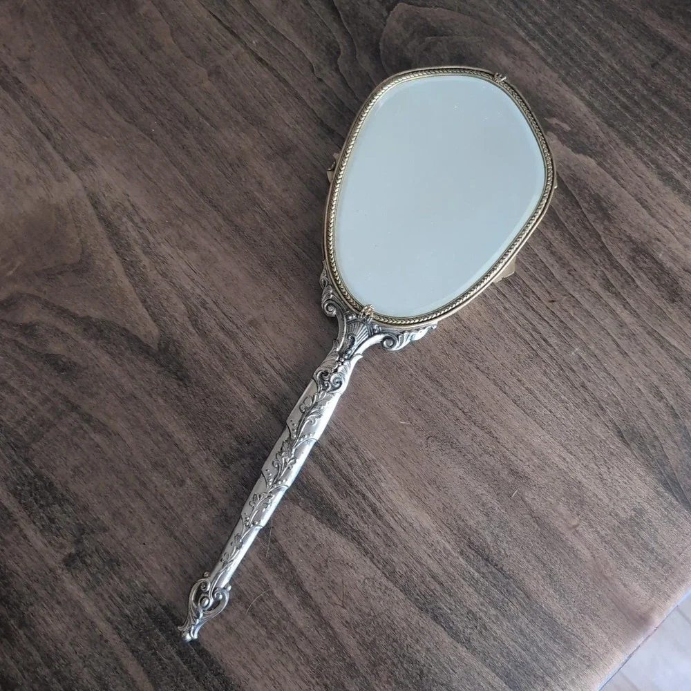 Large Vintage Art Nouveau Hand Mirror Ornate Rose Floral Silver Gold Tone Vanity